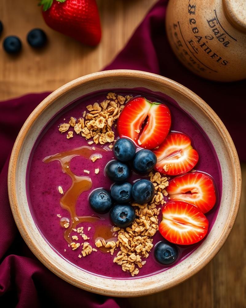 Deep purple açaí bowl topped with fresh berries and granola