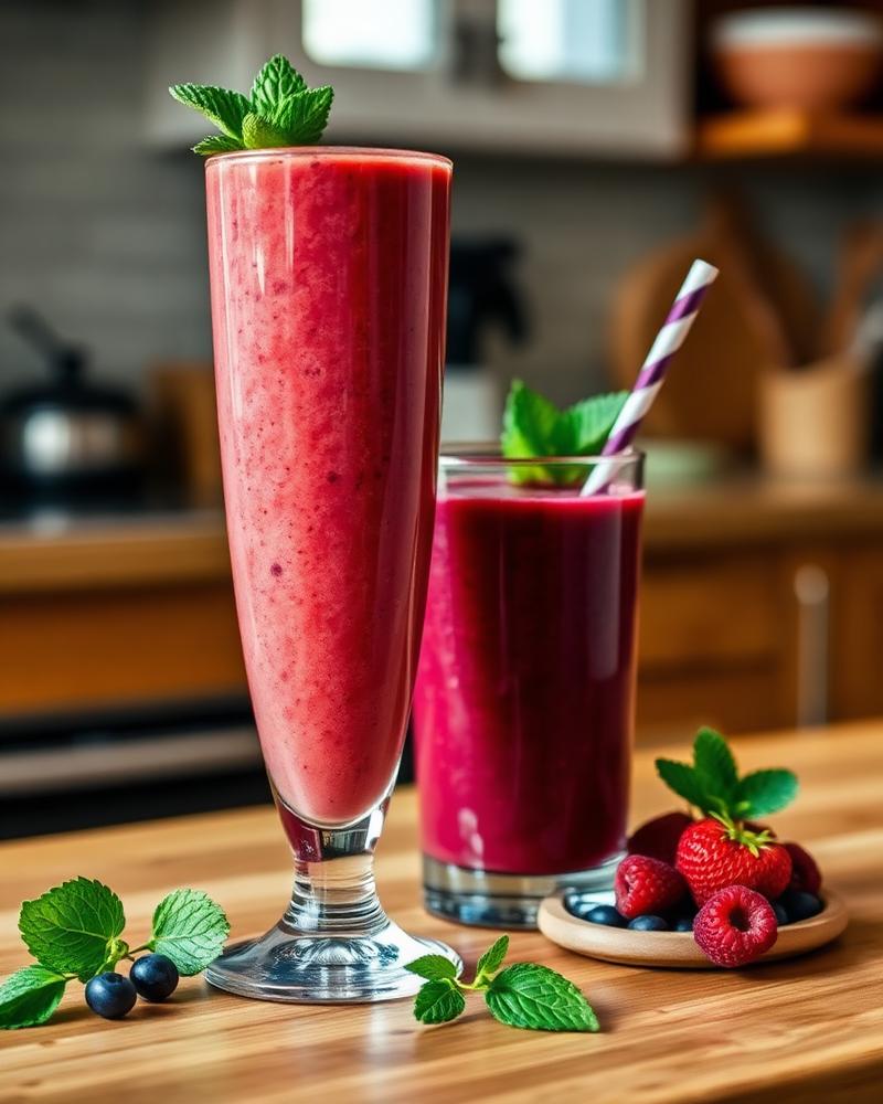 Fresh homemade berry smoothies with mint garnish